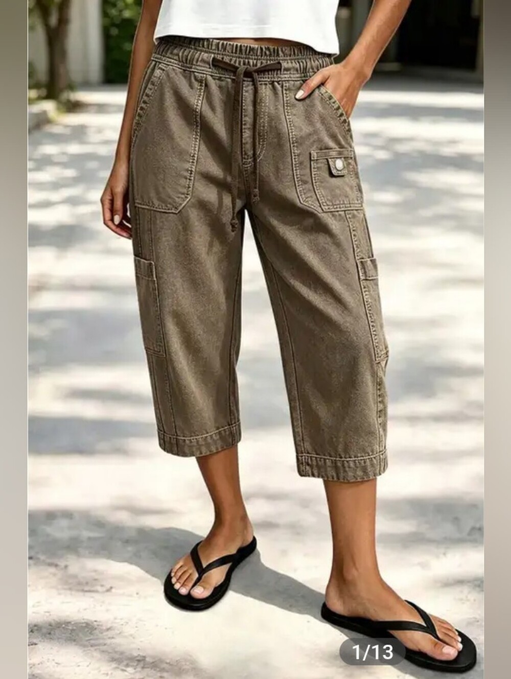 Flamingals Solid Patch Pocket Drawstring Elastic Barrel Leg Capri Pants NWT